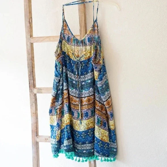 UMGEE SUNDRESS Sz Large MULTICOLOR POMPOM TASSEL SWING SWIM COVERUP BOHO - Picture 5 of 8